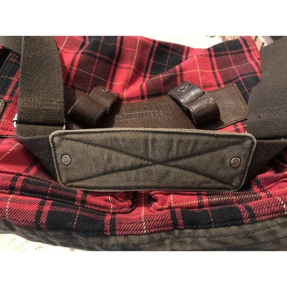 American Eagle Outfitters Red Buffalo Plaid Messenger Laptop Bag Leather Canvas - Picture 7 of 9